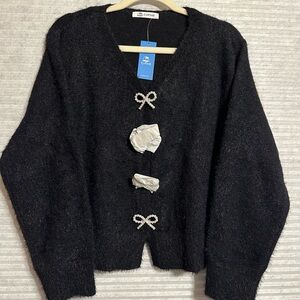 Cupshe Black Fuzzy V-Neck Sweater with Bow Embellishments